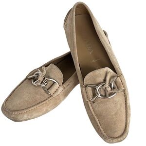 Prada Suede Horsebit Driving Loafers Sand Beige IT 40 US 10 Silver Hardware